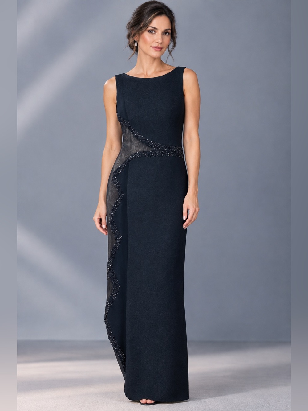 Sleeveless Black Evening Gown with Beaded Sheer Inset